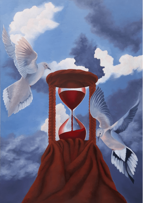 Oil painting of two doves in flight around a large red hour glass