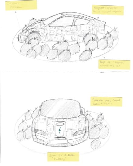 Concept sketches of the car sculpture from side and front views