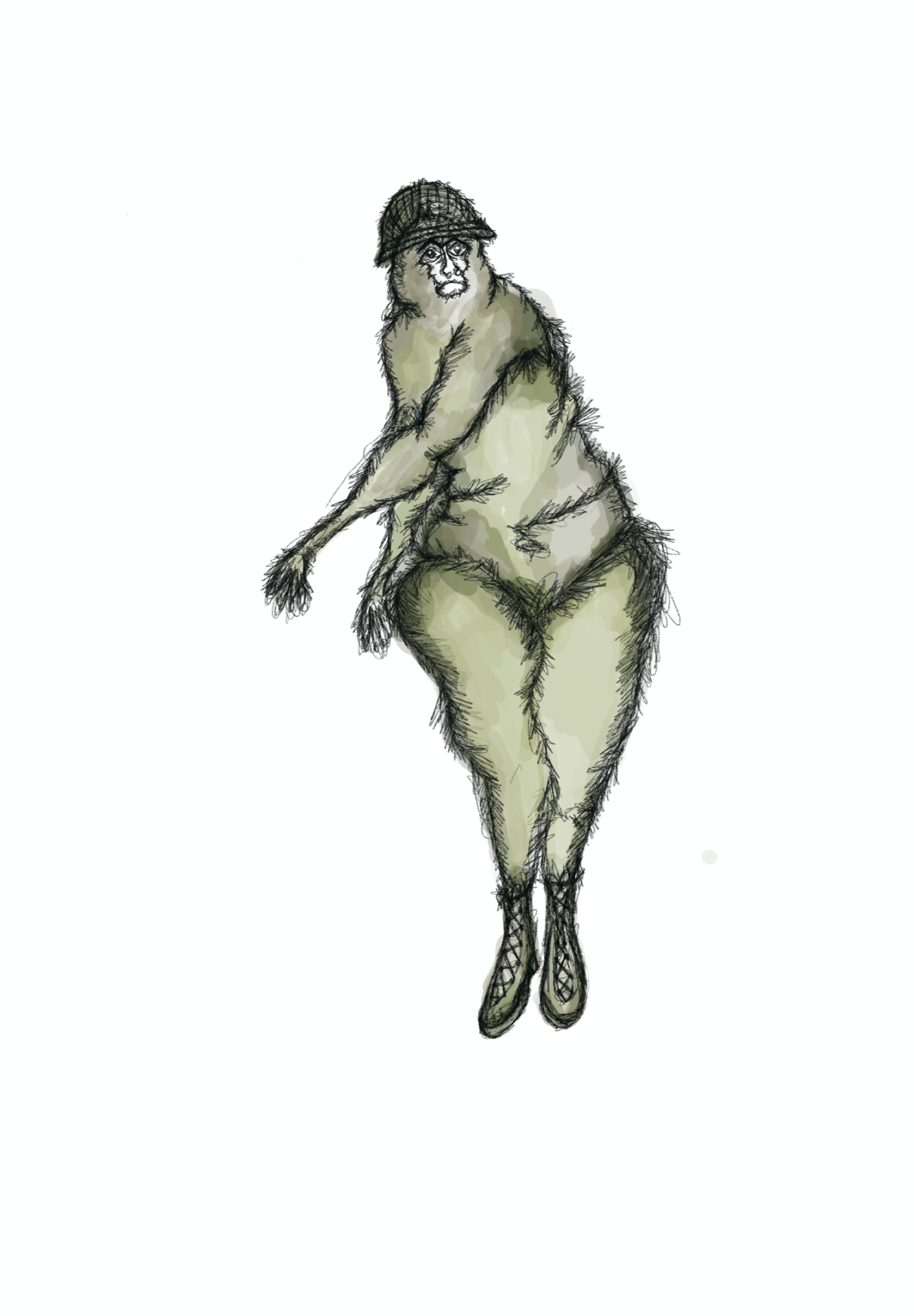 Digital drawing of a Barbary macaque stood upright with one arm across its body, wearing an army helmet and boots
